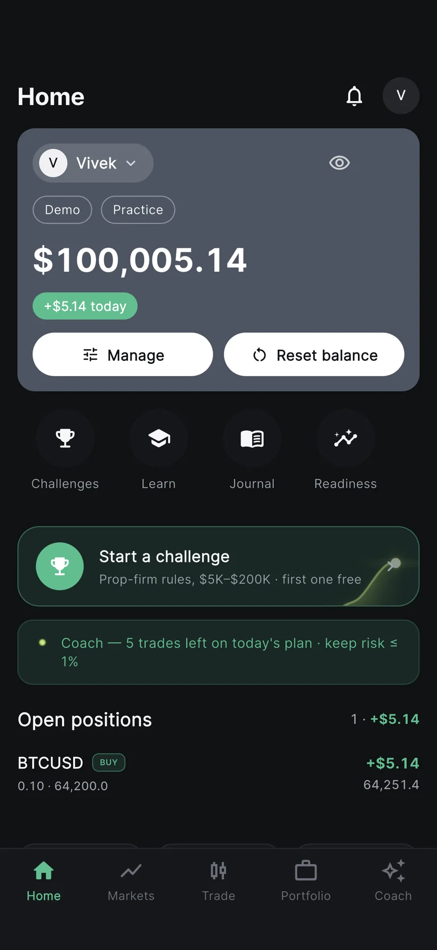FundedLot home screen: $100,000 practice balance with challenges, learn, journal and readiness shortcuts