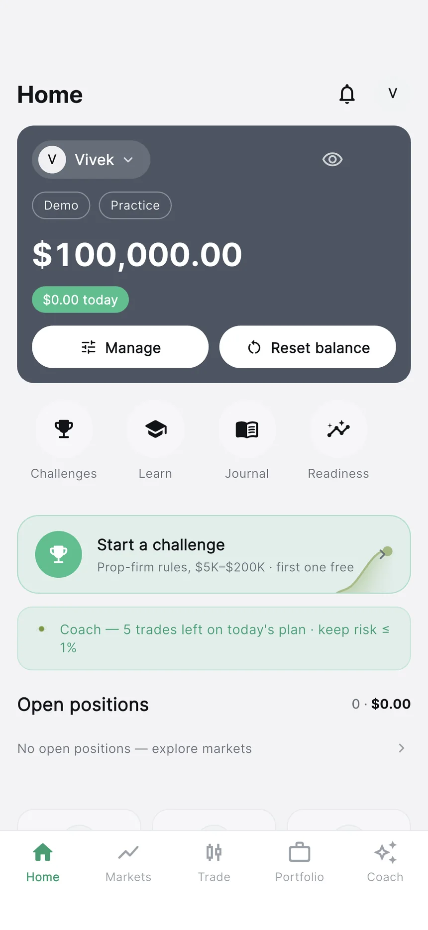 FundedLot home screen in light mode: practice balance and start-a-challenge card